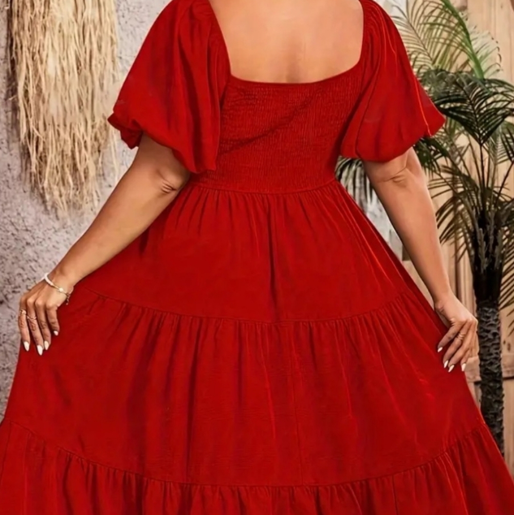 Plus Size Red Smocked Puff‑Sleeve Tiered Maxi Dress – Size 24 - Picture 2 of 3